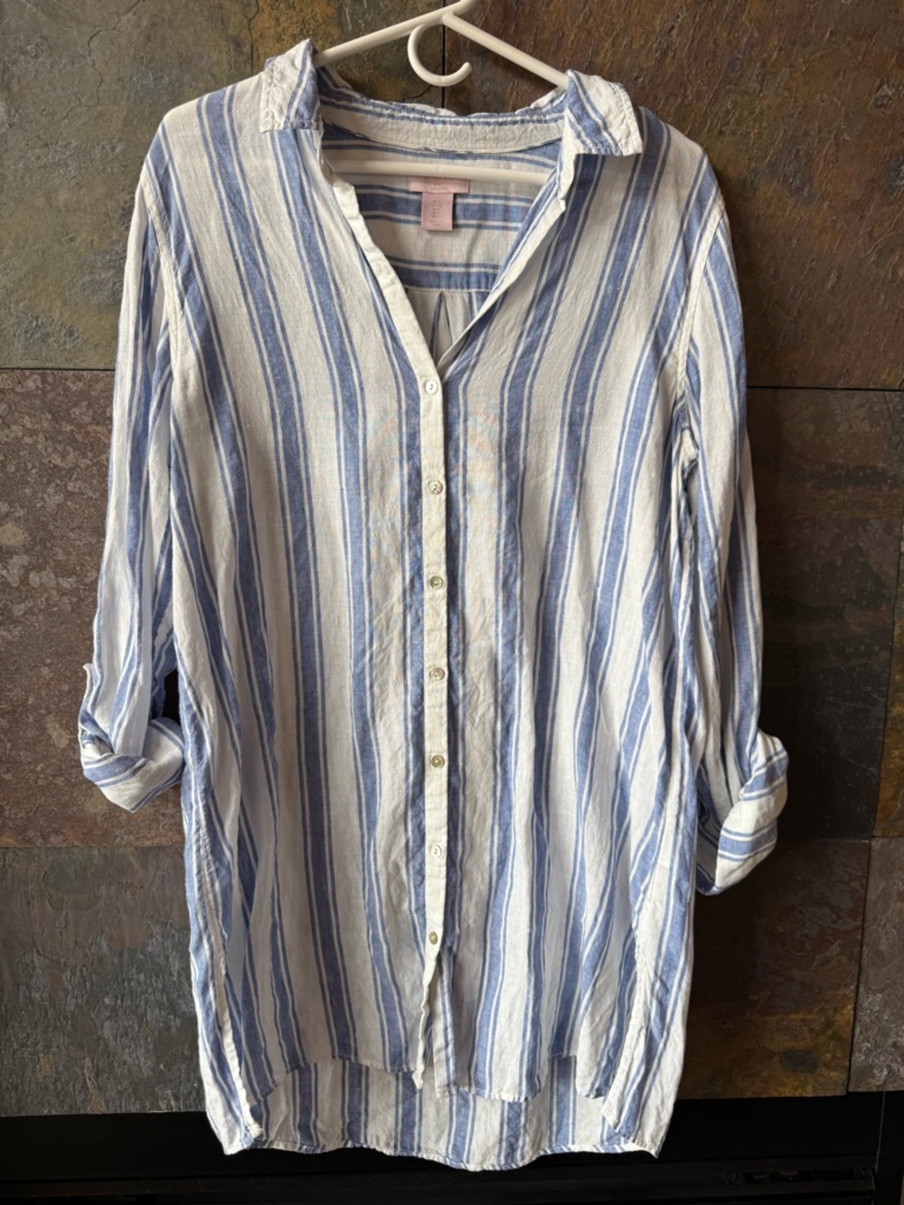 Saint Tropez West linen long striped shirt L MOP buttons, shouts summer nights!